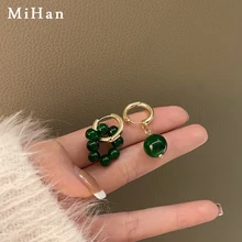 

Mihan Trendy Jewelry Green Asymmetrical Earrings 2021 New Trend Vintage Temperament Bead Drop Earrings For Girl Lady Gifts
