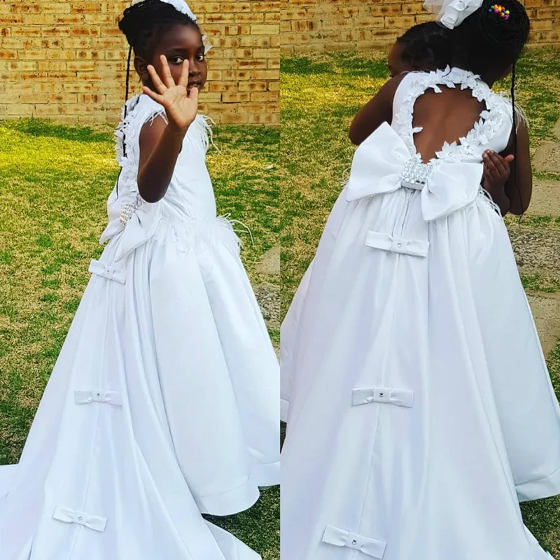 

White Flower Girl Dresses for Wedding with Bows Sweep Train Junior Bridesmaid Dress Party Gowns