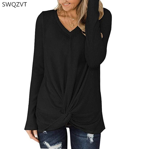 Новинка, женская футболка, Осень-зима, длинный рукав, крученая футболка, топ для девушек,, модная женская одежда, уличная одежда, camiseta mujer - Цвет: black