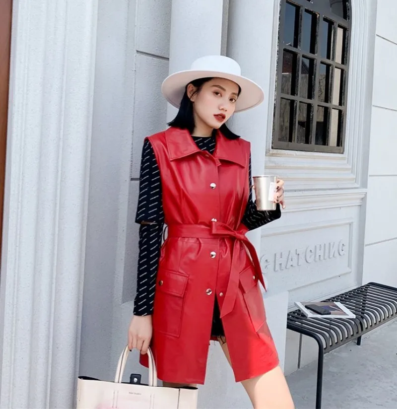 High Street натуральная кожа женские без рукавов Длинные куртки однобортный нагрудный ремень карманы размера плюс средней длины Жилеты