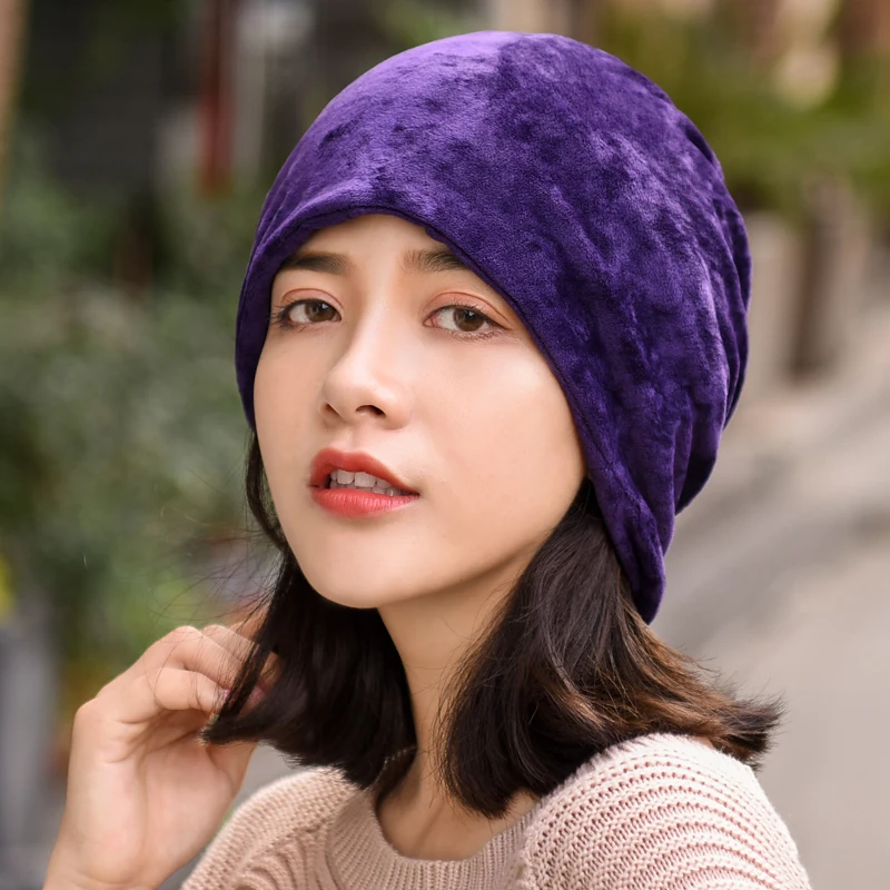 Fashion Women Beanie Hat Casual Solid Color Hats For Female Spring Autumn Skullies Winter Cap Scarf 4 Way To Wear Bonnet Gorro - Color: Purple