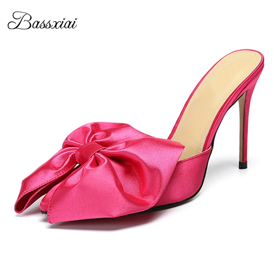 

Luxury Satin Big Butterfly-Knot Lazyman Mules Lady 10cm Thin High Heels Point Toe Slingbacks Women Sandals Summer