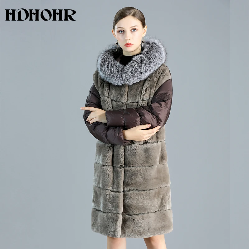 HDHOHR Высокое качество пальто из меха кролика рекса Для женщин куртка с большим капюшоном длинный теплый натуральный мех кролика рекс меховая куртка женская