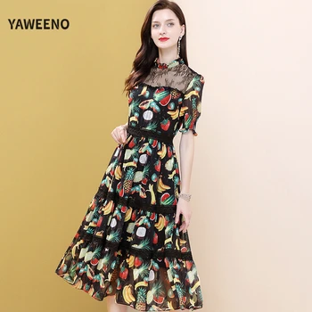 

Yaweeno 2020 High End Luxury Runway Summer Party Dresses Women's Elegant Fruit Print Sexy Mesh Splice Temperament Midi Dress
