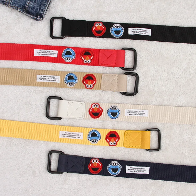 

Luxury brand design ladies belt double buckle in canvas material without punching fun cartoon student belt fashion wild jeans