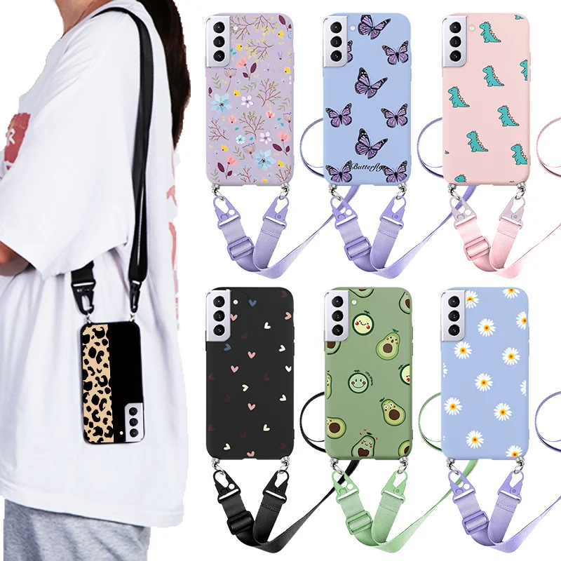 silicone case samsung For Samsung Galaxy S22 Plus Ultra 5G Flower Lanyard Necklace Chain Cord Cases For Samsung Galaxy S22 Plus Strap Rope Fundas Bags samsung cute phone cover