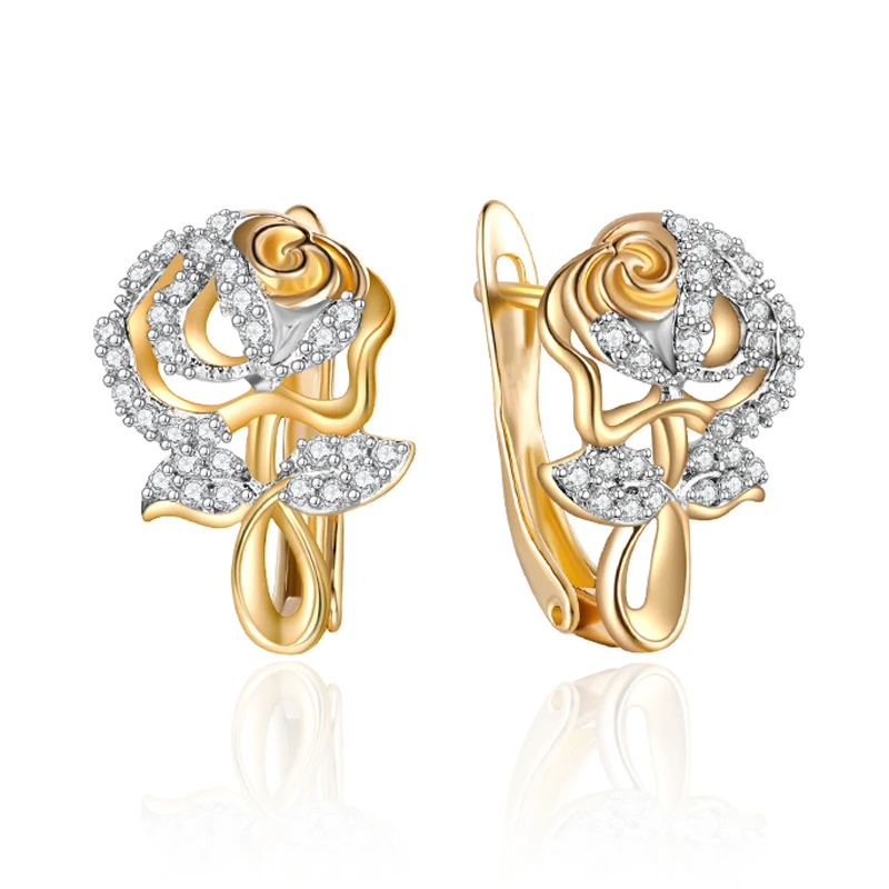 Изысканные серьги-гвоздики в форме цветка розы, CZ, для женщин и девочек, золотые серьги с кристаллами циркония, для свадебной вечеринки, хорошее ювелирное изделие, милые подарки