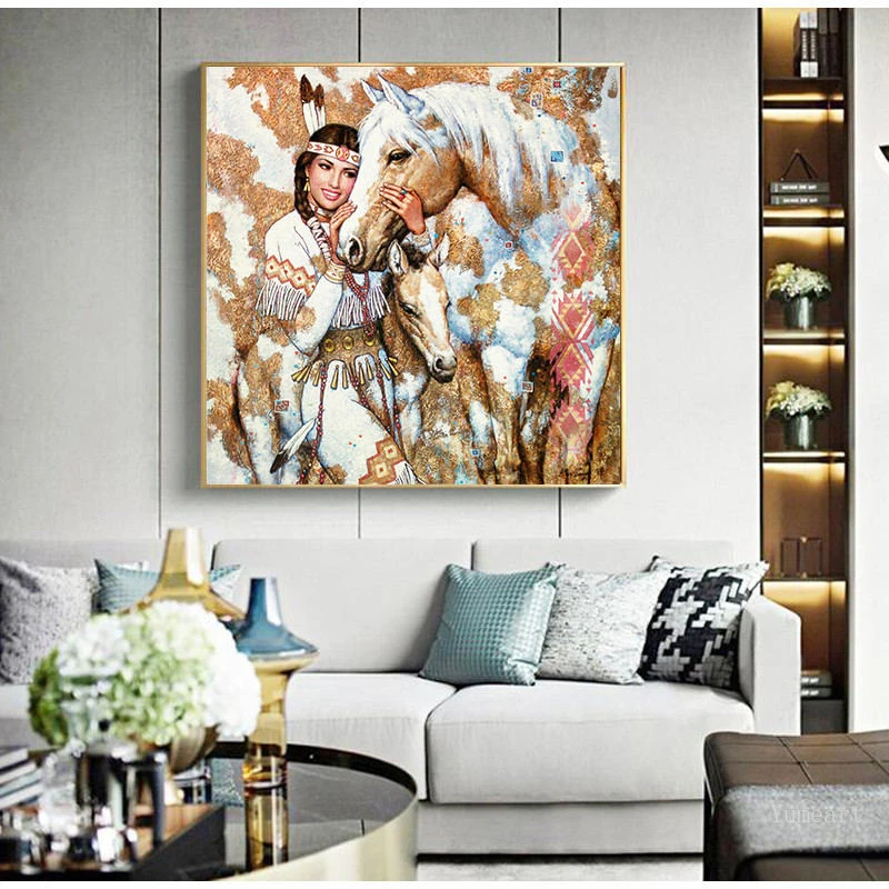 Home Decoration Native Feather Beauty Girl Horse Poster Canvas Art Print Women Photography Painting Wall Picture | Дом и сад