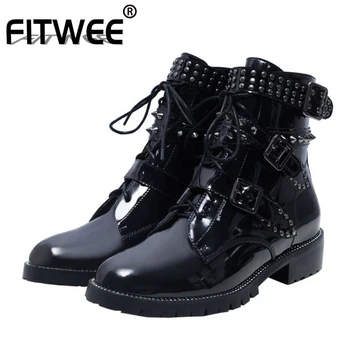

FITWEE Women Genuine Leather Ankle Boots Rivets Buckle Shoes Woman Fashion Motorcycle Boots Footwear Short Boots Size 33-43