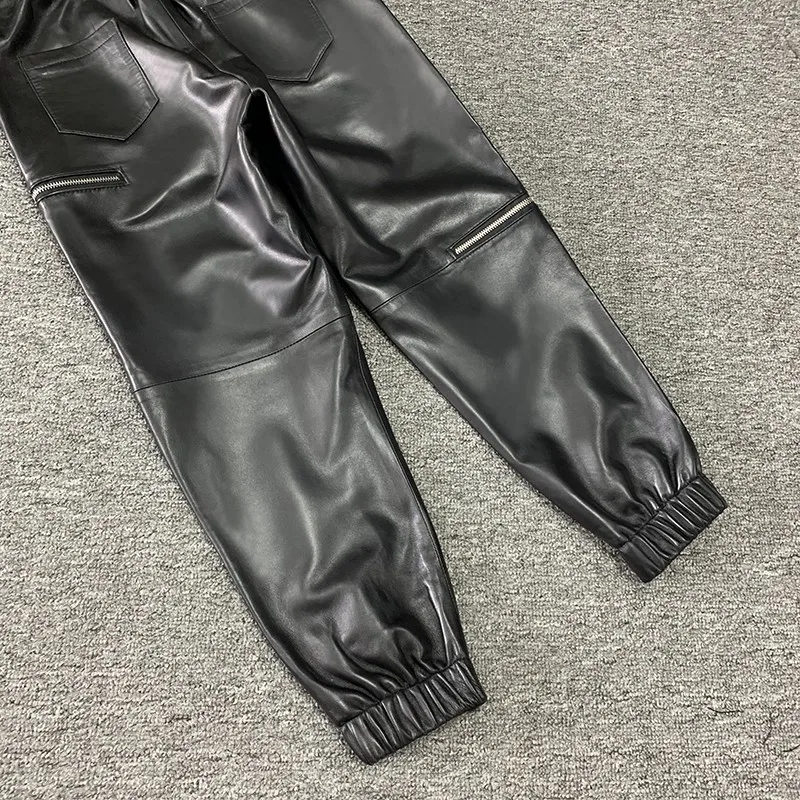 Women Causal Loose Fit Joggers Harem Pants Ankle Length Elastic Waist Sheepskin Genuine Leather Pants New Streetwear Cargo Pants