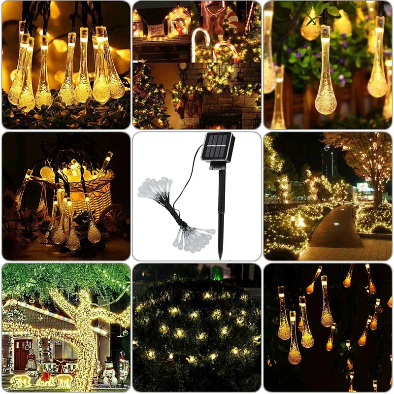 Solar Water drop String Light, 21.3Ft 30 LED Warm White Water Drop Solar String Fairy Waterproof Lights Christmas Lights for Pat