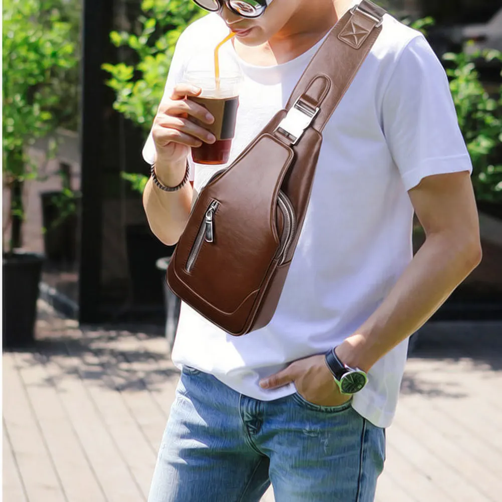 

Men Chest Shoulder Bag Zipper Large Capacity PU Leather for Mobile Phone Keys K-BEST