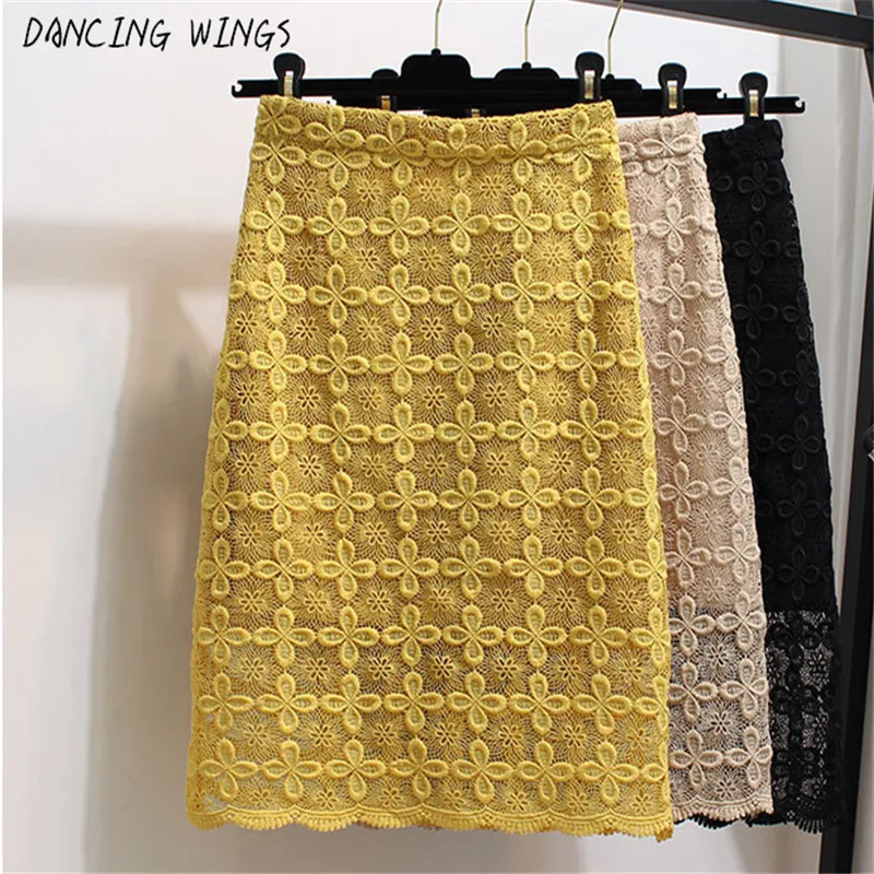 Women High Waist Pencil Skirts Spring Summer Crochet Hollow Our Floral Lace Elegant Tube Office Lady Skirt saias