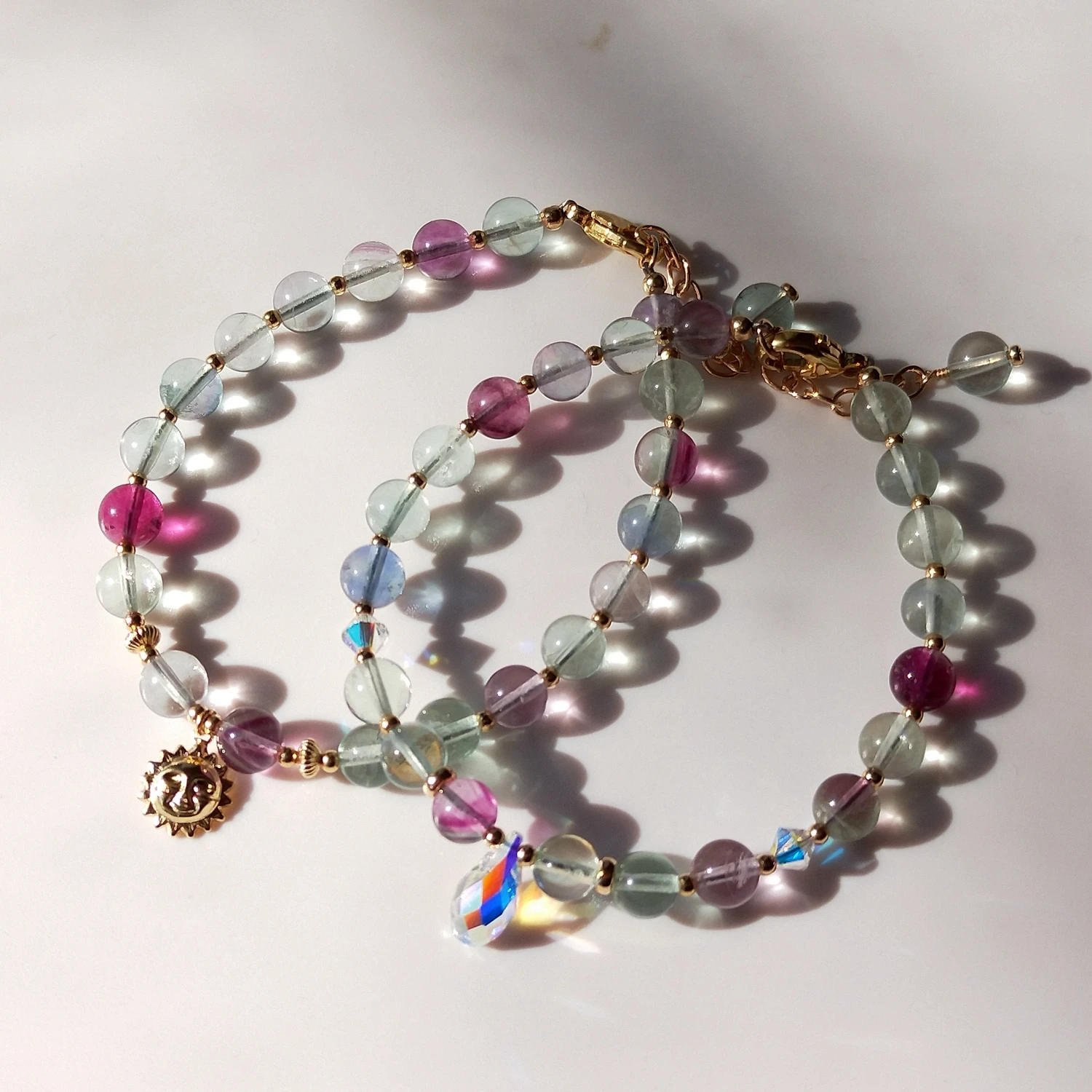 

Lii Ji 6mm Rainbow Fluorite Austrian Crystal 14K Gold Filled Bracelet Natural Stone Handmade Jewelry 18+3cm
