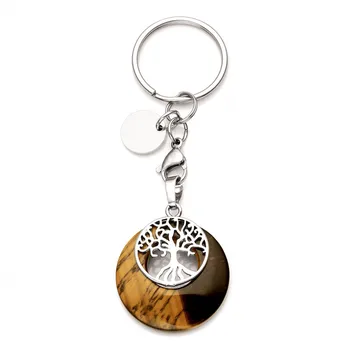 

FYJS Unique Jewelry Silver Plated Tree of Life Circle Lobster Clasp Round Hollow Tiger Eye Stone Key Chain