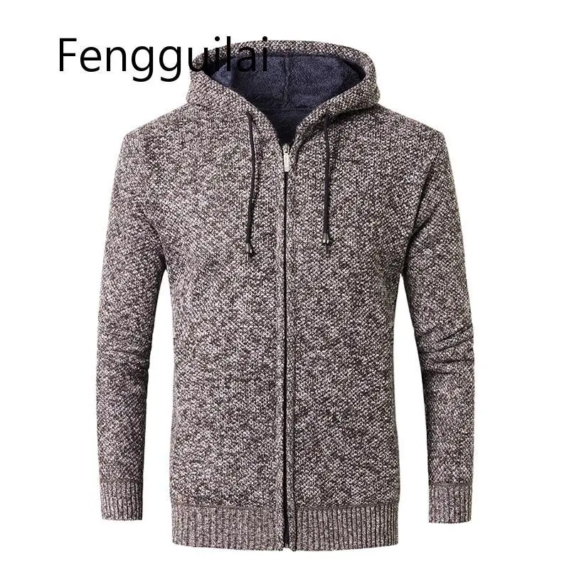 

FENGGUILAI Autumn Winter Men's Sling Hooded Zipper Cardigan Jacket Plus Velvet Thick Warm Sweater Large Size Slim Casual Sweater