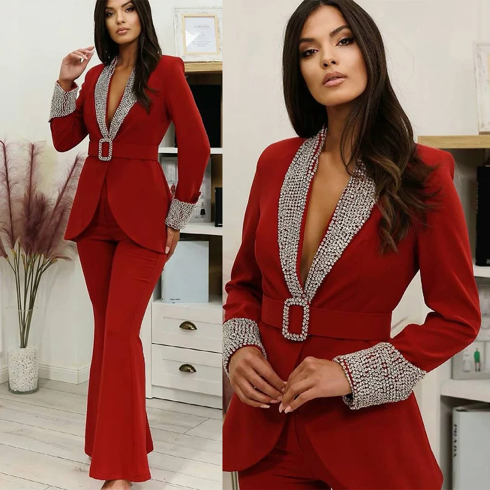 Vintage Red Women Suits Beaded Shawl Lapel With Belt Jacket Custom Made Slim Fit Flare Pants Party Gown 2 Pieces Sets