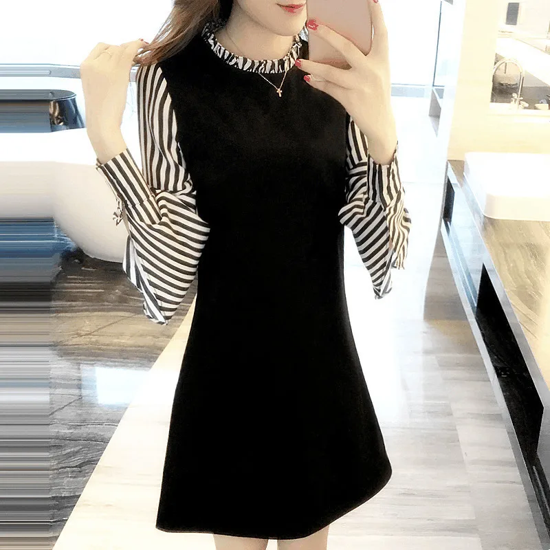 

Korean-style New Style Spring And Autumn Dress Flounced Sleeves Fashion Slim Fit Skirt 2019 Long Sleeve Skirt Striped Skirt Case