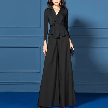 

2020 New Fashion Women Sets Clothes Elegant Top Spring Autumn Fall Black Wide Leg Pants Suit Female 2 Piece Office Lady Outfits