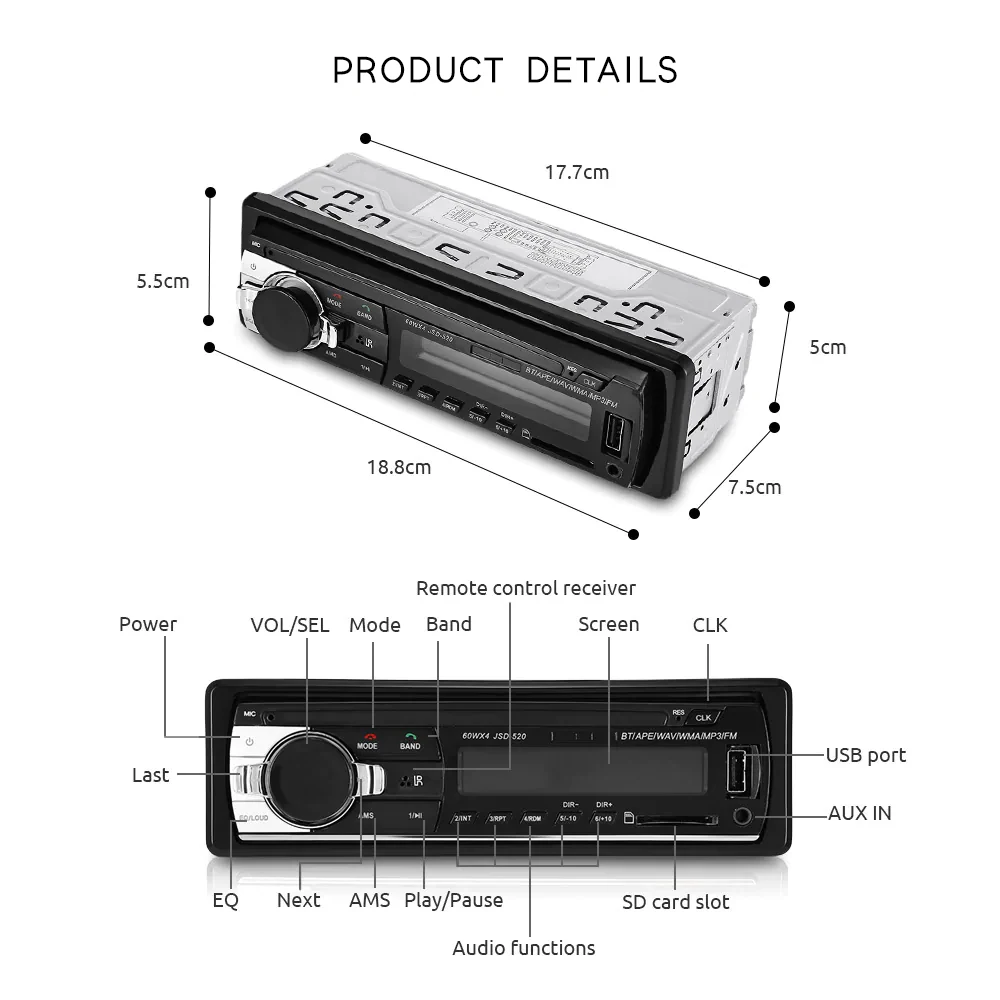 LeeKooLuu 1 din Bluetooth стерео радио AUX/USB/SD/FM аудио Музыка Стерео Авторадио JSD-520 в тире Автомобильный MP3 мультимедийный плеер