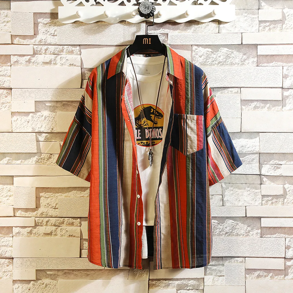 Blue Blouse Shirt Men Summer Rainbow Color Pocket Short Sleeve Retro Casual Shirt Off White Harajuku Top Homme Jogging Clothes 10.4 - Цвет: Blue