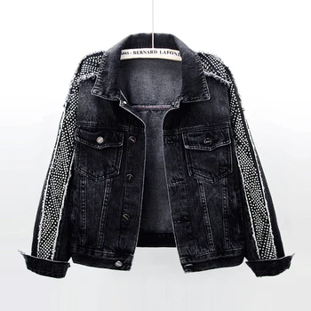 

Handwork Rivet Denim Jacket Women Spring Autumn New Fashion Student Frayed Short Outerwear Female Loose Black Jeans Jacket Coat