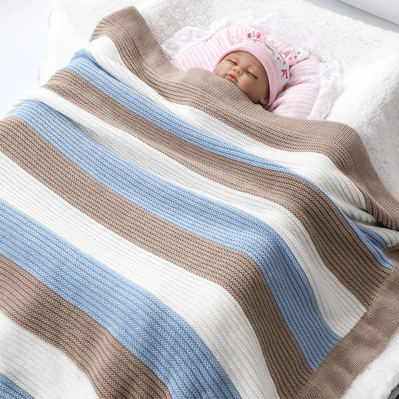 

classic stripes super soft Cotton knitted baby blanket newborn receiving blanket boys knitted Baby Blanket baby stroller cover