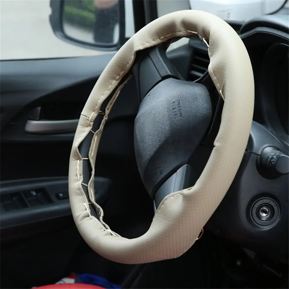 1 шт. DIY чехол рулевого колеса автомобиля с иглами и резьбой искусственная кожа серый/черный подходит для диаметра 38 см горячая распродажа