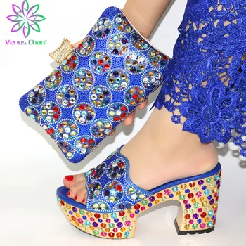 

African Woman High Heels Sandals And Matching Bag Set For Party Hot Sale Nigerian Woman Shoes And Bag To Match Set in Blue