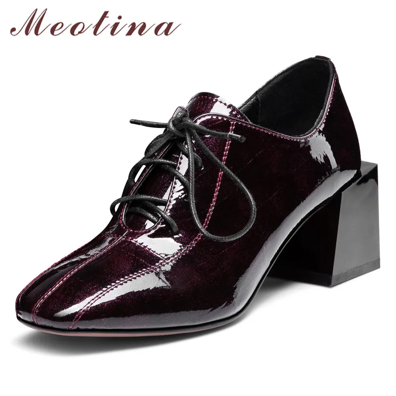 

Meotina High Heels Women Pumps Natural Genuine Leather Thick High Heels Shoes Cow Patent Leather Square Toe Shoes Ladies Size 40