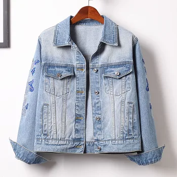

Spring new 5XL women's fat mm loose was thin embroidered western style cardigan denim jacket