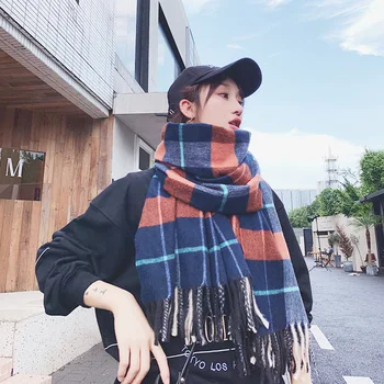 

New Korean Chequered Scarf in Autumn and Winter of 2019,Coloured Fashion Student Warm fringed Scarf Shawl Lady scarf women