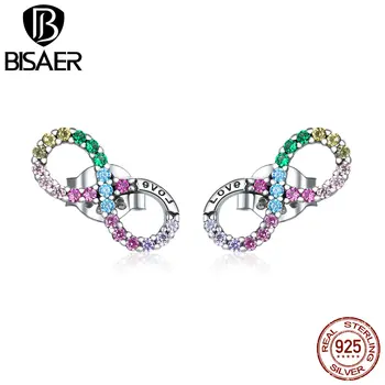 

BISAER Infinity Love Colorful Stud Earrings 925 Sterling Silver Rainbow Zircon Small Earrings For Women Wedding Jewelry GXE893
