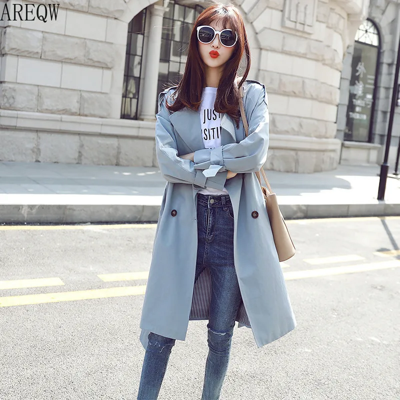 

British Style Trench Coat Long Section 2019 Spring Autumn Women's Korean Double-breasted tie Khaki Coat Female Overcoat