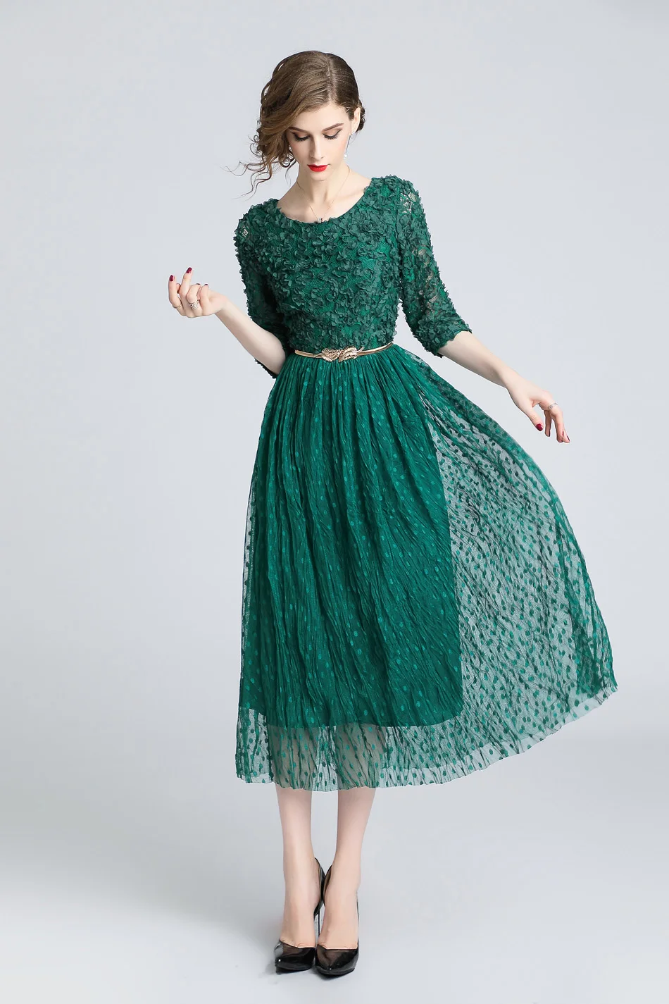 Queen Dot pleats Mesh Dress Work Casual Slim Fashion O-neck Sexy Dresses Women A-line Vintage