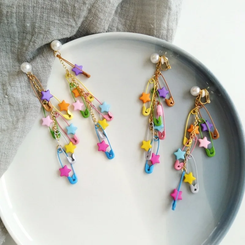 

Korean Jewelry Creative Fun Colorful Star Pin Long Tassel Dangle Earrings Fashion Personality Girl Women's Accessories Ear Clip
