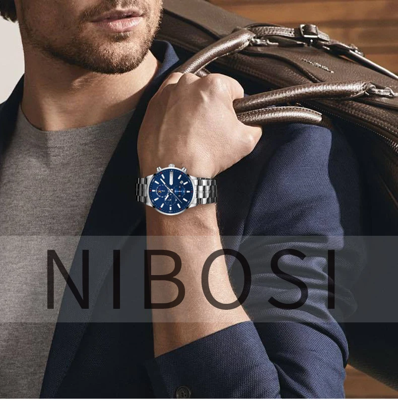 2021 New NIBOSI Brand Fashion Watch For Men Quartz Sports Stainless Steel Waterproof Chronograph Mens Watches Relogio Masculino