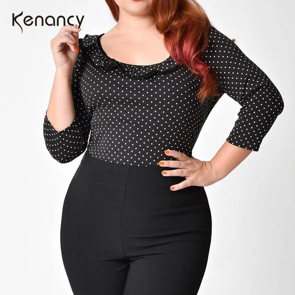 

Kenancy Pleated Dot Print Vintage Women Shirts Ruffled U-Neck Three-Quarter Sleeves Cotton Pure Color Tops Plus Size New