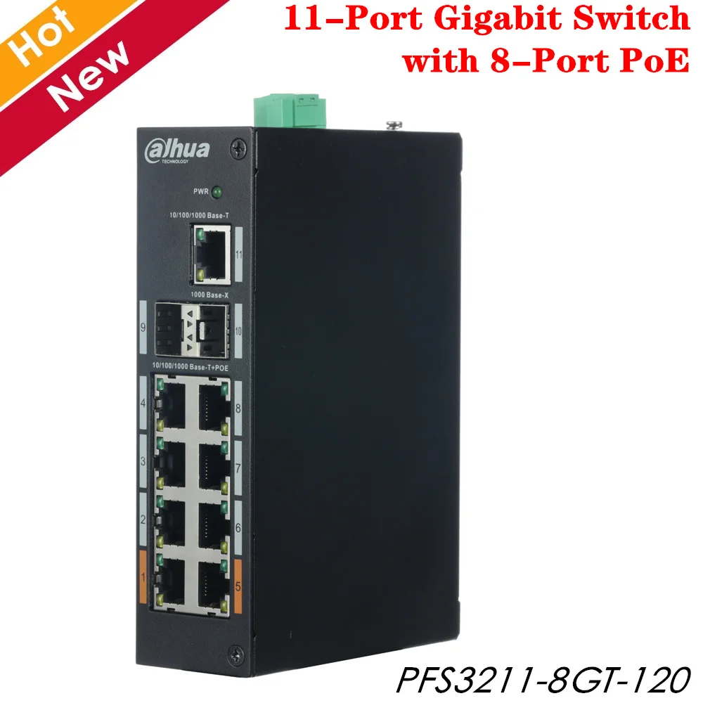 Оригинальный гигабитный коммутатор Dahua с 11 портами и 8 питания PoE DC48 ~ 57 в