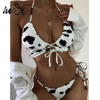 

In-X Retro cow print swimsuit women Push up sexy bikinis 2020 mujer Ribbed swimwear women swimsuit Large size Bathing suit new
