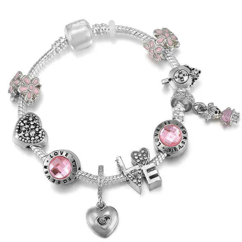 Beads Charm Bracelets For Women With Siver Color Chain Bracelets As Couple Christmas Jeweley Pulseira Gift Fashion FOREVER LOVE Bracelet Jewelry