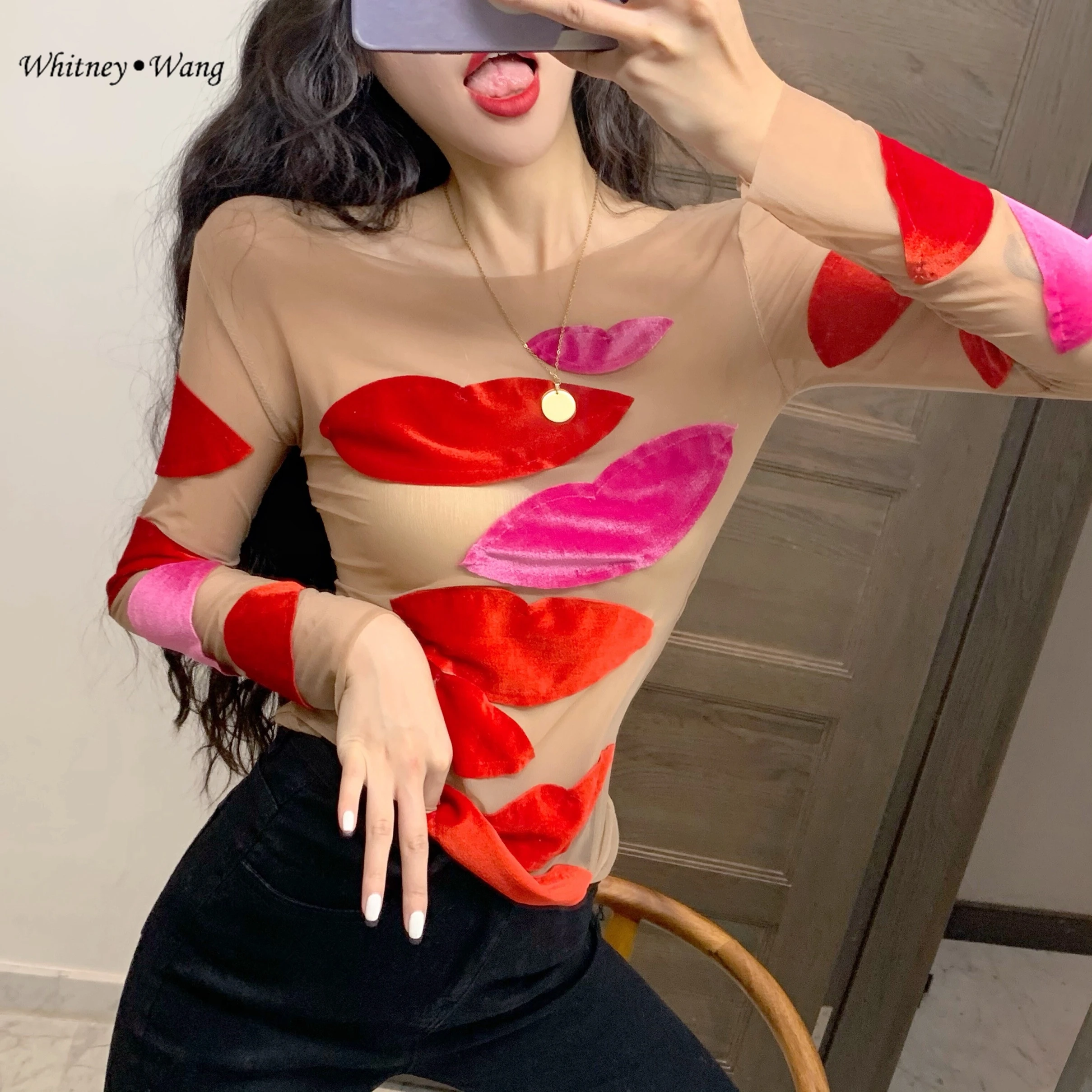 Женская бархатная футболка WHITNEY WANG Лоскутная Сетчатая с принтом губ весна 2020 |