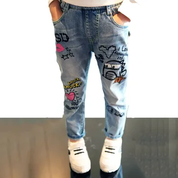 

Graffiti Printing Jeans For Girls Embroidered Children'S Jeans Torn Jeans Baby Pants Ripped Jeans Fashion Trousers Denim Pants