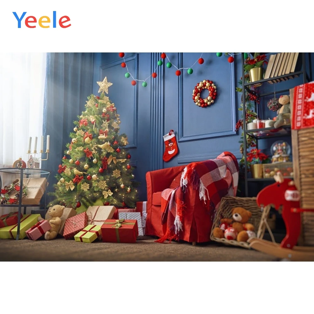 

Christmas Backdrop Tree Fireplace Gift Toy Doll Background Photography For Photo Studio Vinyl Photophone Photozone Decoration