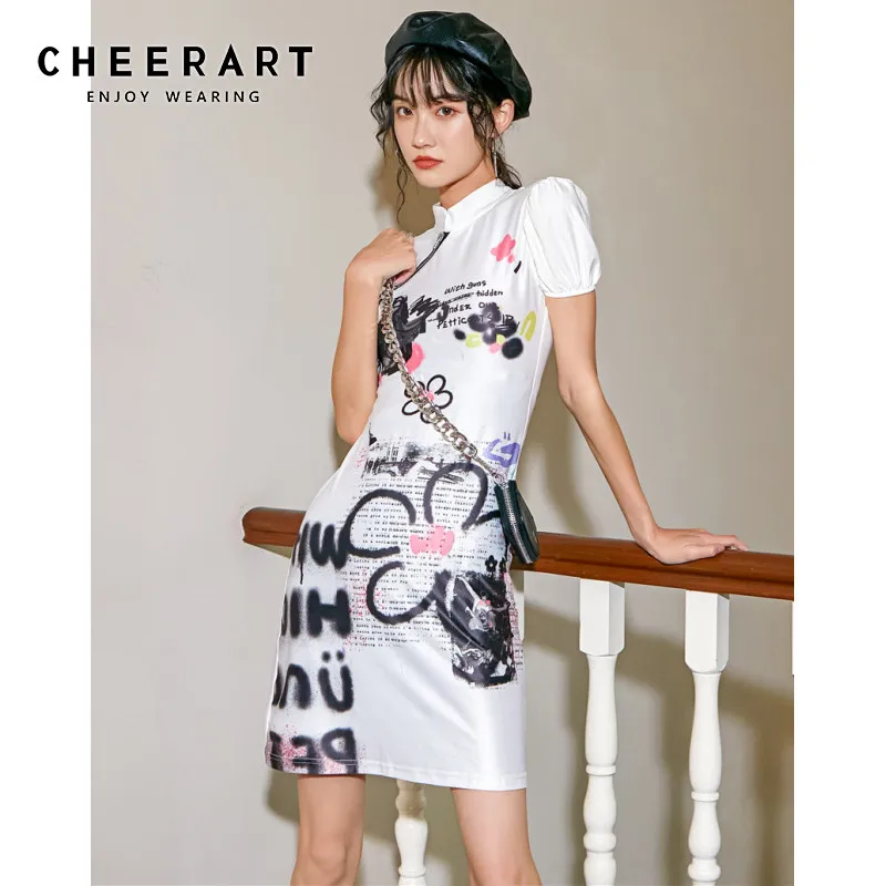 Женское мини-платье CHEERART Белое Облегающее Платье с принтом граффити