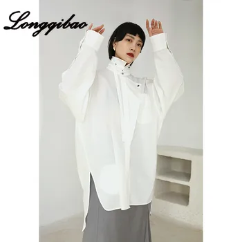 

Free Shipping Longqibao Women's Fashion Trend Niche Personality Design Triangle Access Control Collar Loose Loose Long Shirt