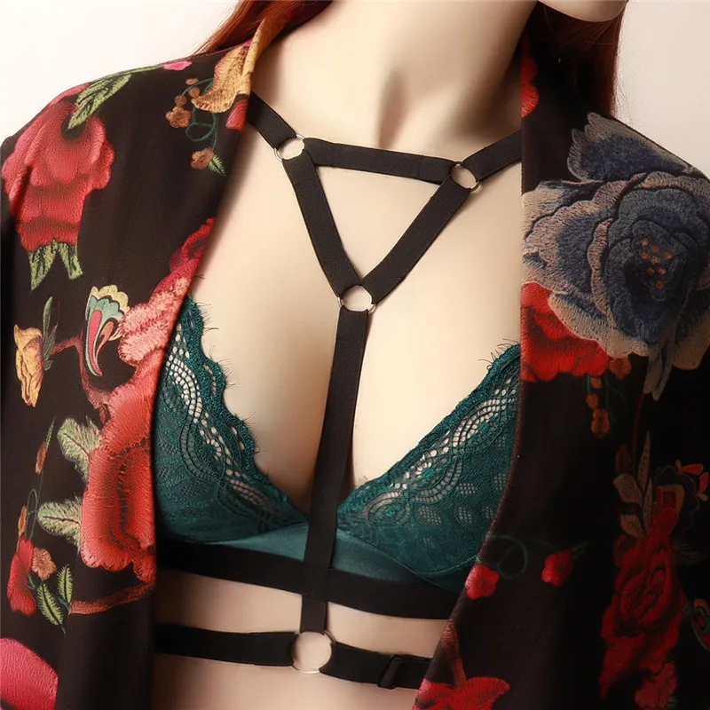 Pastel Goth Women Black Body Harness Open Chest Cage Bra Punk Rave Bondage Sexy Lingerie Belt Elastic Adjustable Body Cage