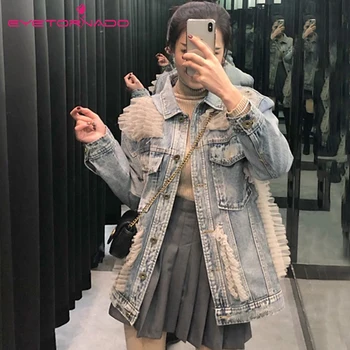 

Women Fashion Lace Ruffles Patchwork Casual Loose Denim Jeans Jacket Autumn Long Sleeve Pockets Streetwear Punk Bomber Jacket