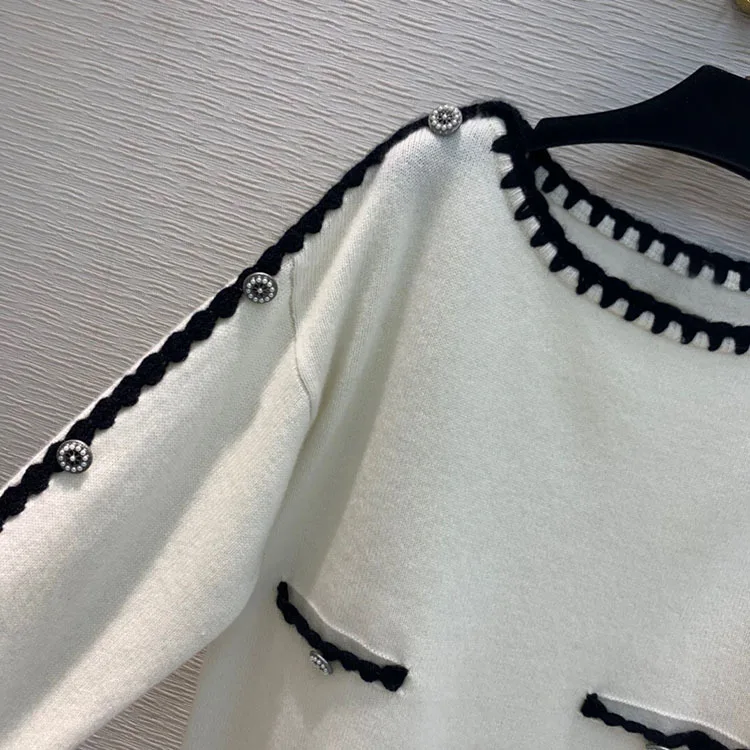 Осень новинка зимы Для женщин Fashiont элегантный воротник ручной работы с цветочным узором кашемировый свитер два Цвет сине-белые