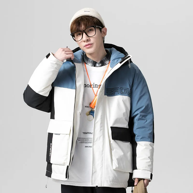 

Winter Men's Big Prockets Cargo Puffer Jackets Loose Patchwork Hooded 90% White Duck Down Coats Male Thick Overcoats JK-957